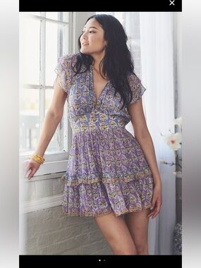 HEMANT & NANDITA Hera Sage Lavender Floral Tiered Mini Dress NWT